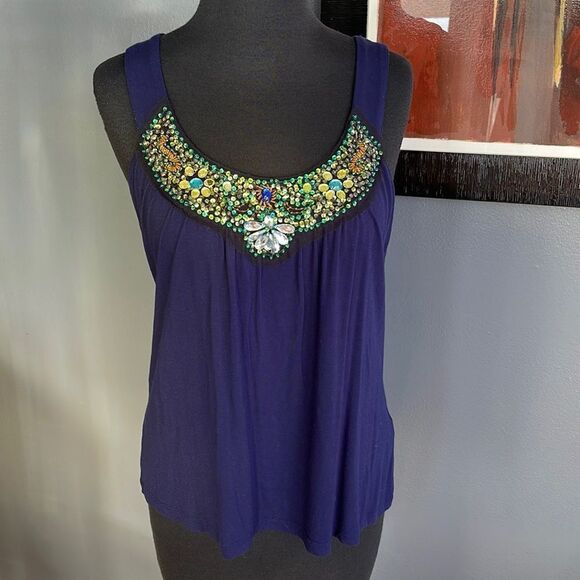 Boston Proper navy jersey stretch beaded neckline tank. Size XS - Picture 1 of 5